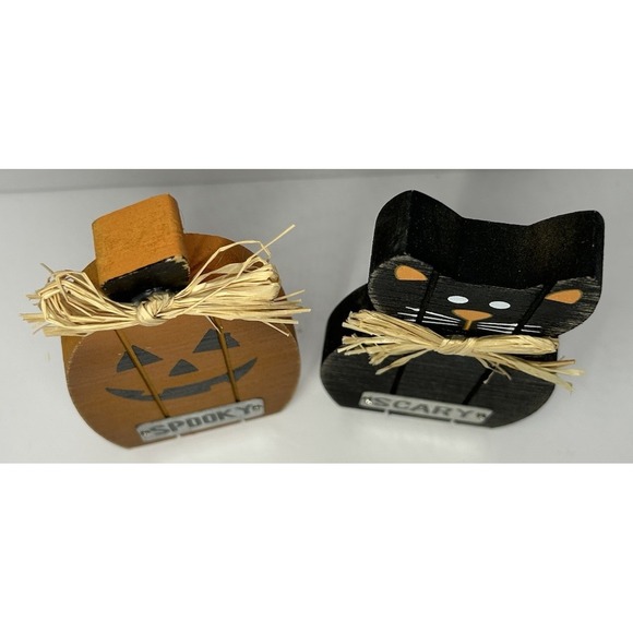 Halloween Wooden Shelf Table Decor Pumpkin Black Cat 7" Spooky Scary - Picture 4 of 9